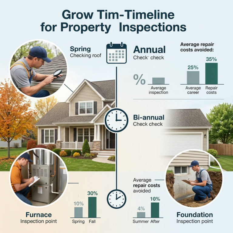 A professional-looking graphic illustrating the recommended frequency of property inspections with clear, easy-to-understand visuals and statistics.