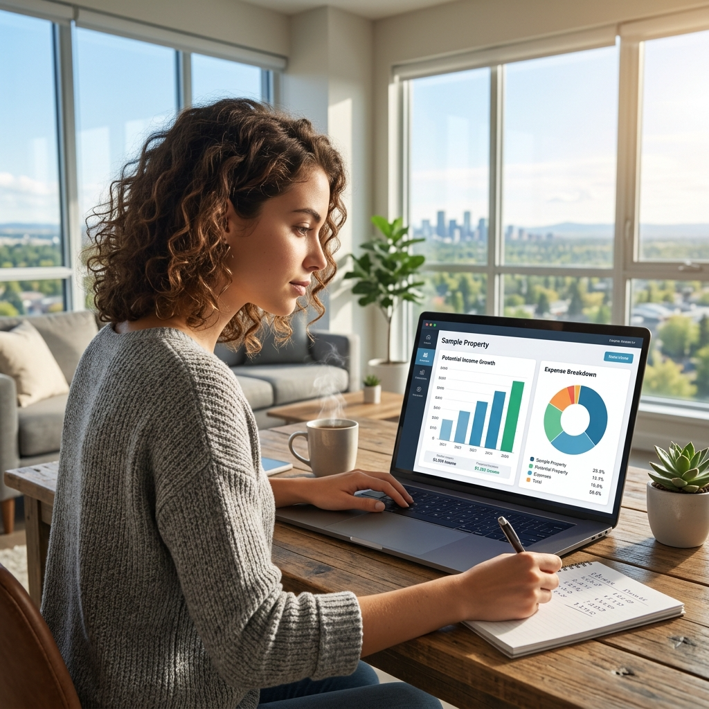 A photorealistic image illustrating the ROI calculation process on rental properties, featuring modern charts and graphs in Calgary and Airdrie, with a warm, inviting light.
