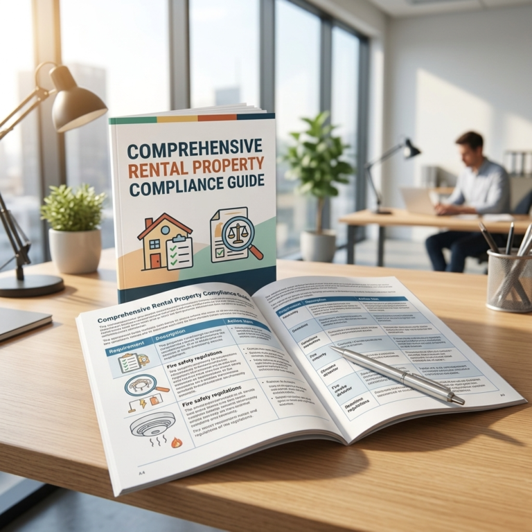 A well-lit, modern office scene showcasing a comprehensive guide on legal compliance for rental properties, with clear visuals and easy-to-read text.