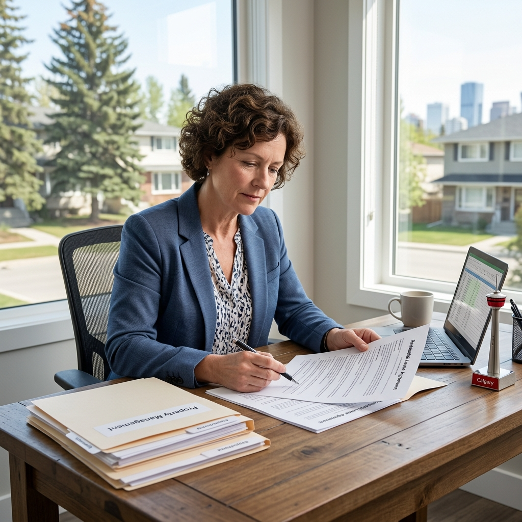 Calgary landlord reviewing a residential lease agreement with property management documents on a desk