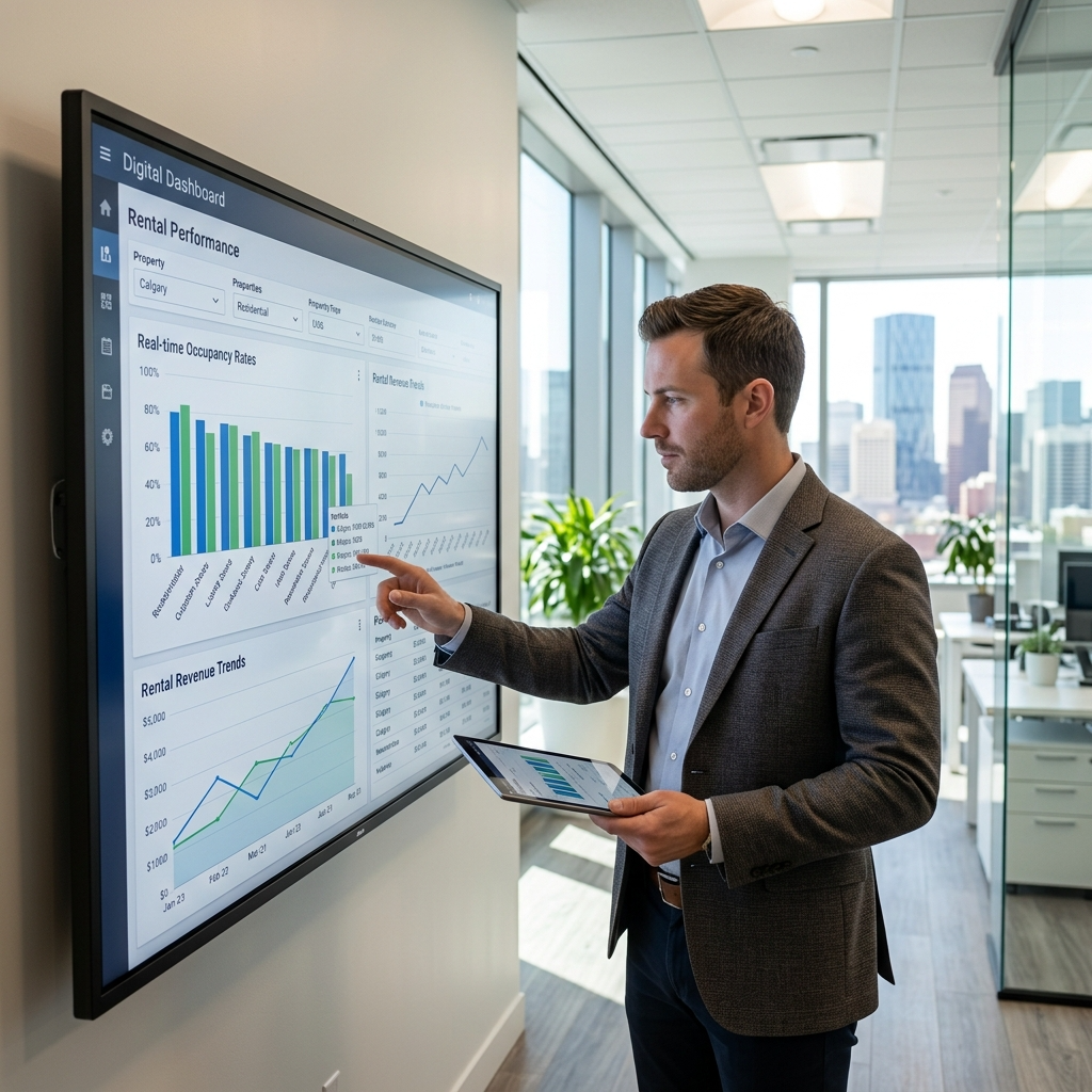 Calgary property management professional reviewing real-time rental performance data on a digital dashboard