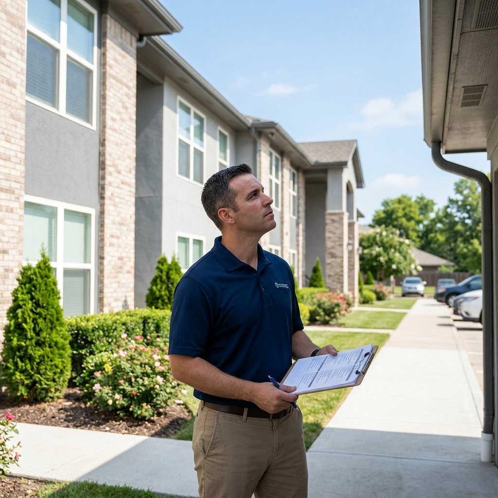 A professional property manager reviewing a rental agreement with a landlord in Calgary