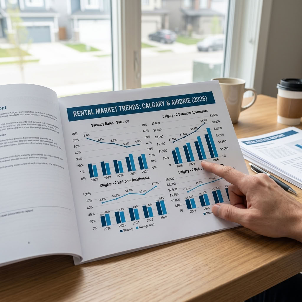 Chart showing rental market trends in Calgary and Airdrie for 2026, including vacancy rates and average rent prices by property type.